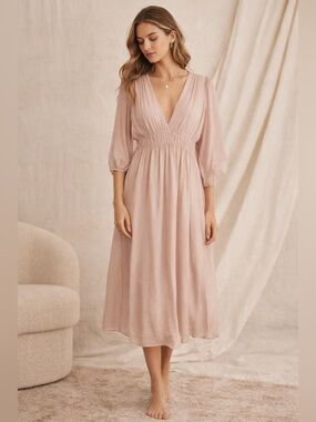 LOLA Italy Silk Blend Blush Empire Midi Dress Babydoll Inspired Size L flowy